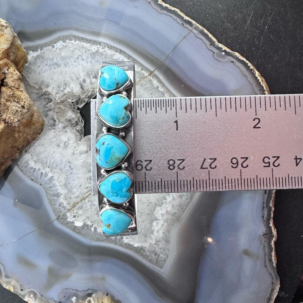 Sterling Southwestern Style 5 Blue Turquoise Heart Single Row Bracelet For Women - Picture 10 of 10